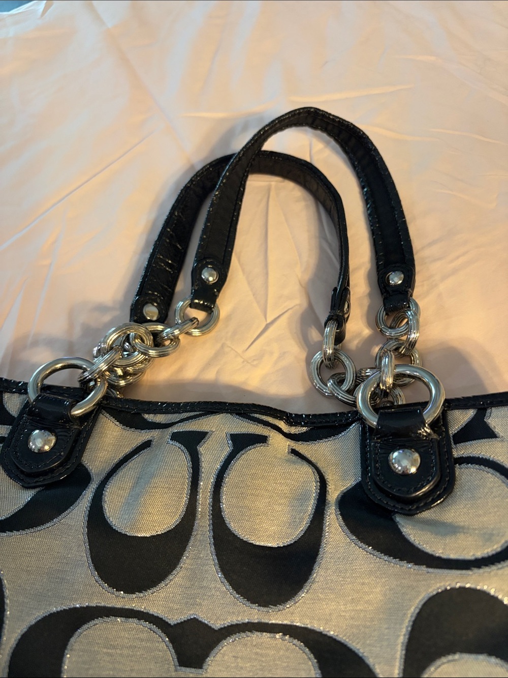 Coach Black and Ivory Signature Canvas Tote with Silver Hardware - Picture 7 of 13